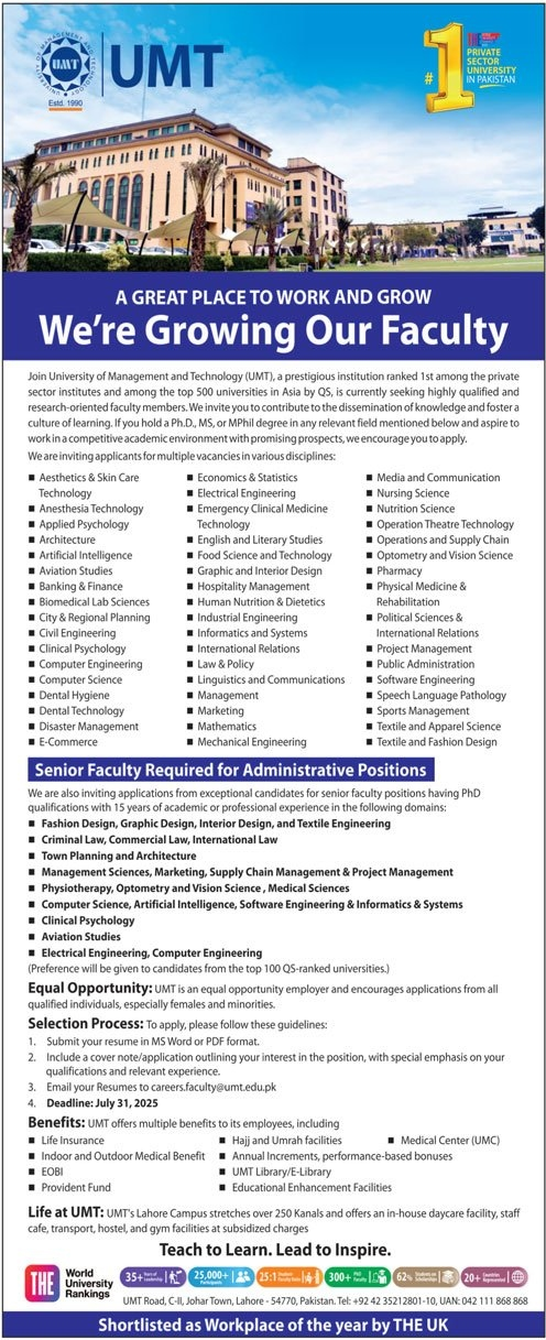 Jobs in University of Management & Technology Lahore